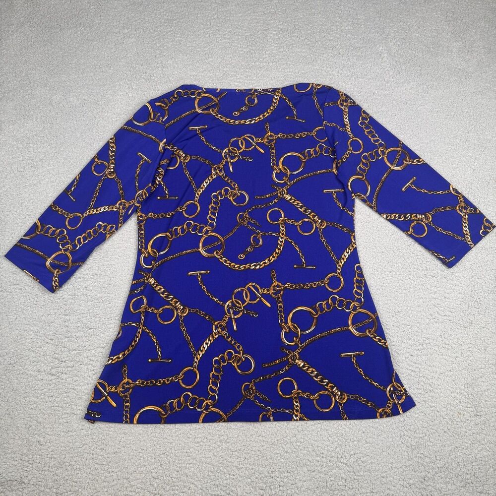 Susan Graver Liquid Knit Top Womens XS Blue Equestrian Chain Print V Neck Tunic - Picture 2 of 11